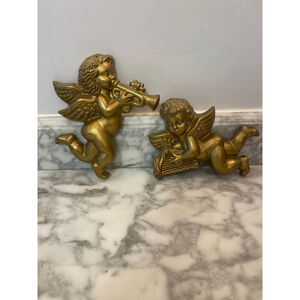 VTG Gold Wood Cherub Wall Plaques Set 2 Angels Playing Horn & Lyre 8” Christmas